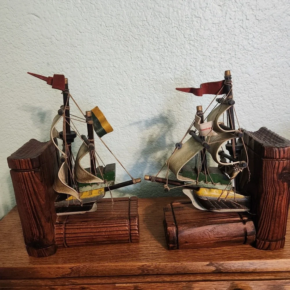 Vtg Ship Nautical Wood‎ and Paper Mache Cloth Bookends Set Pirate Spanish MCM